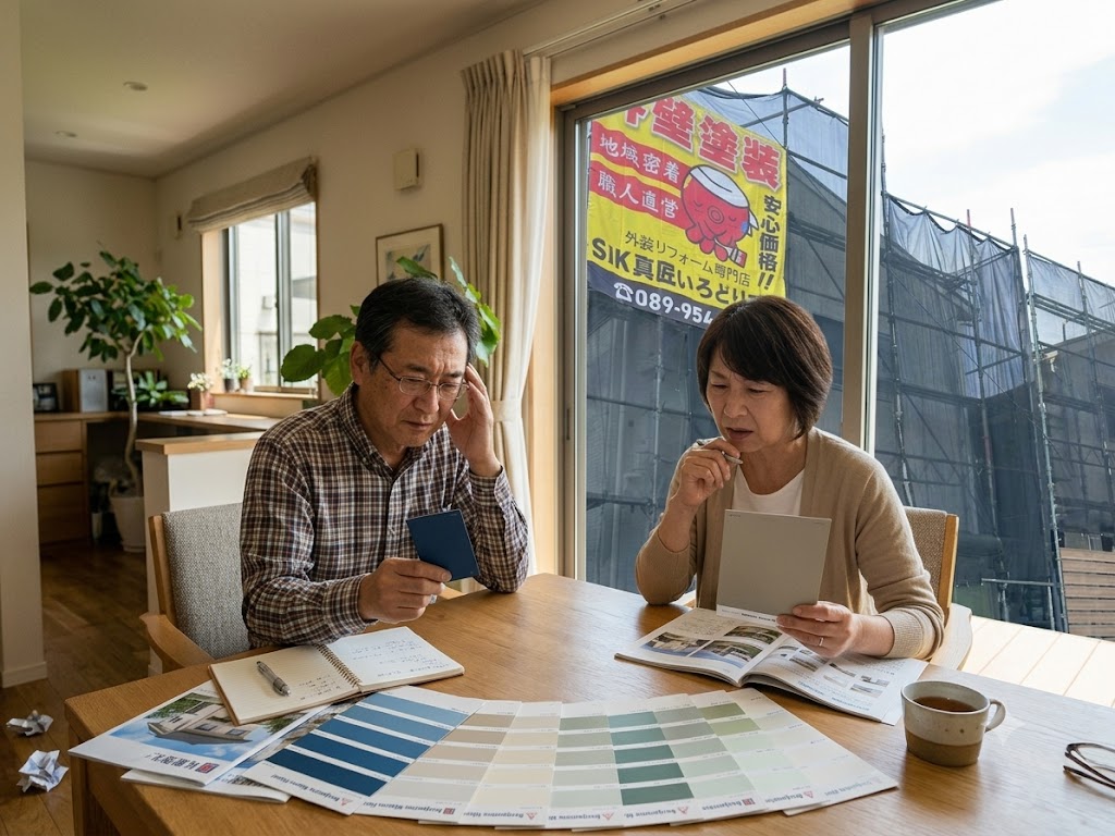 外壁塗装の色決めを考えている夫婦