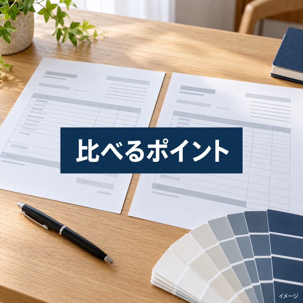 2枚の見積書と塗料の色見本を並べ、外壁塗装の工事内容を比較するイメージ