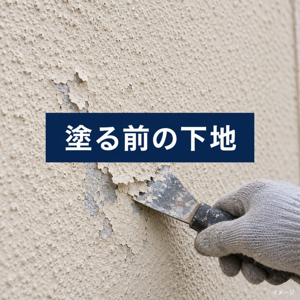 外壁の剥がれた古い塗膜をスクレーパーで除去する下地処理のイメージ